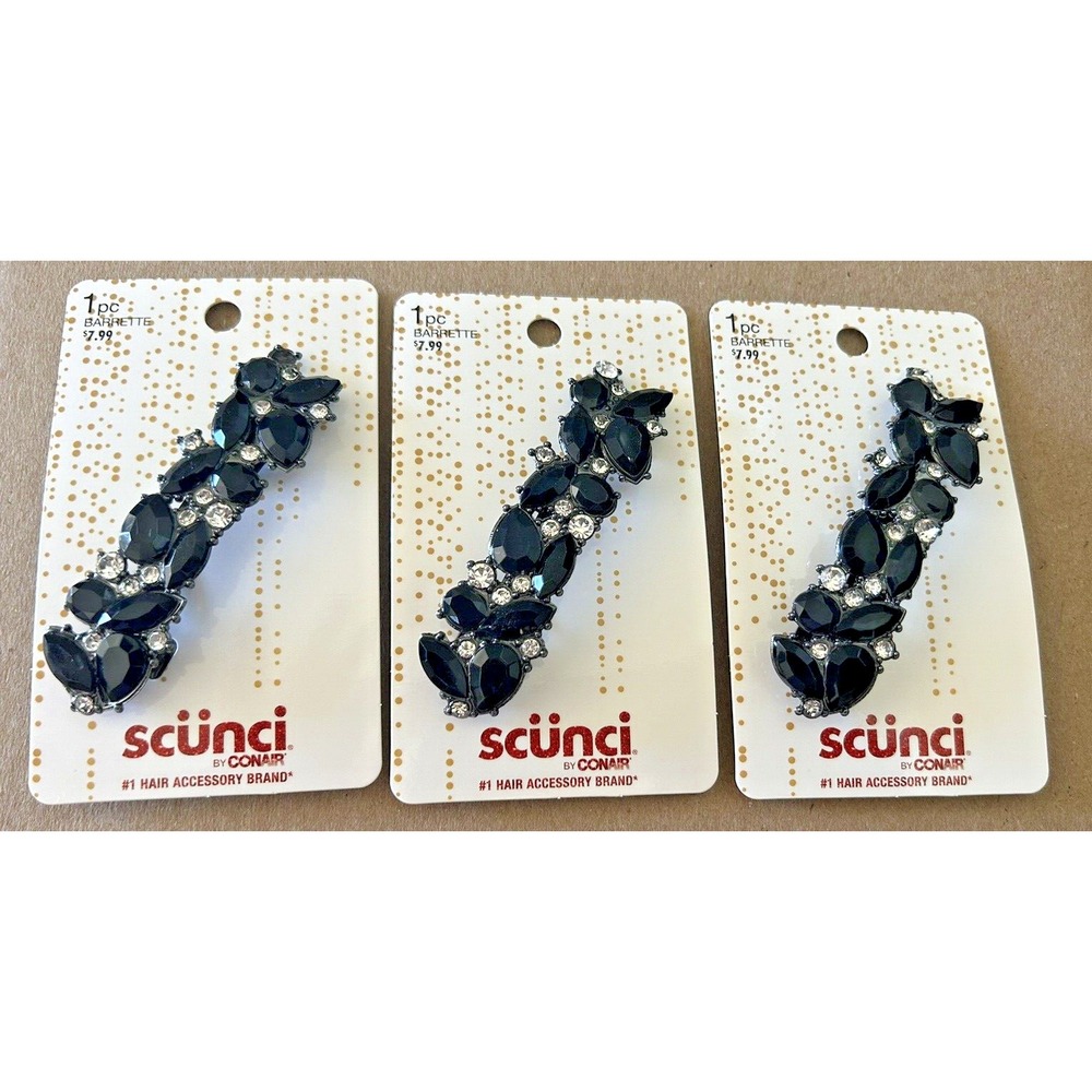 Scunci Barrette Black Silver Bead Rhinetones Formal Hair Clip Lot of 3 New 3.5"